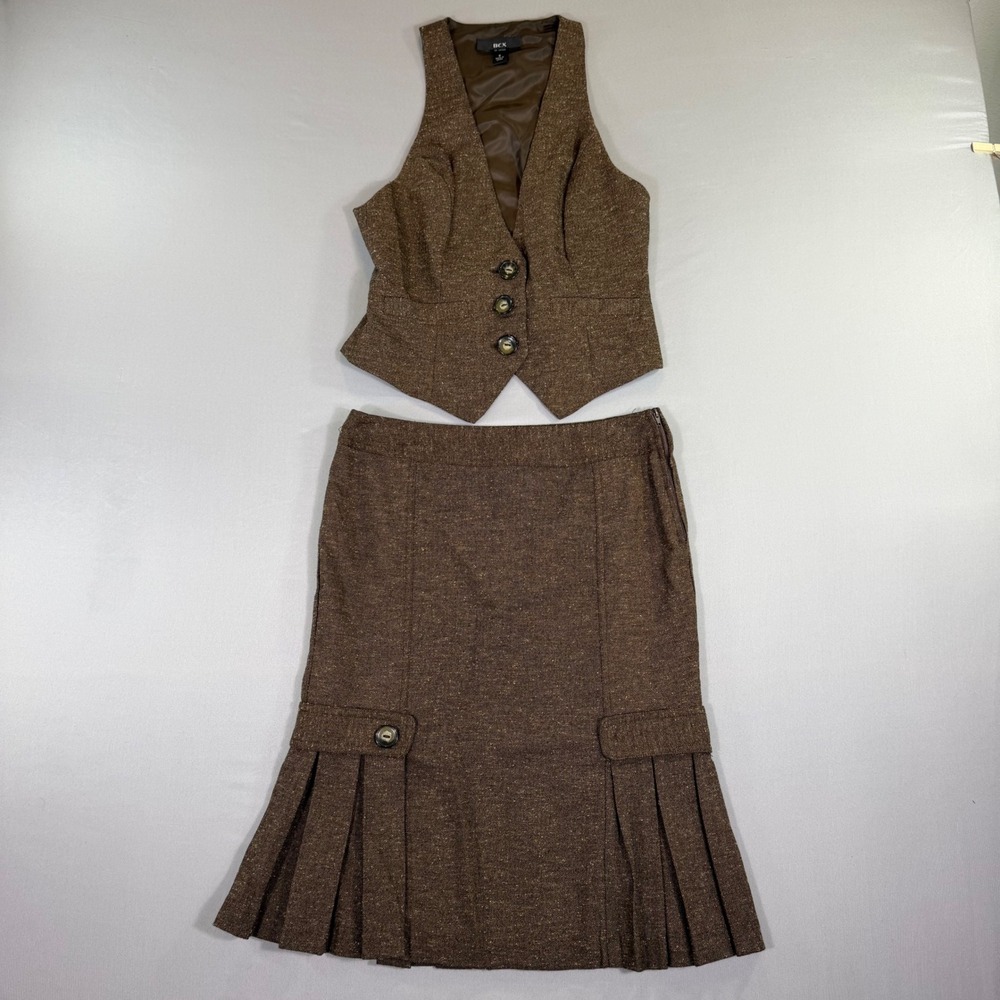 Brown Herringbone Tweed Vest Pleated Skirt Suit Set Small Y2K Academia Preppy